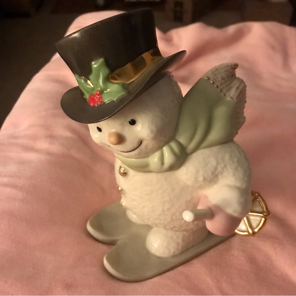 Lenox Snowy Skier Snowman Figurine with Black Hat and Green Scarf